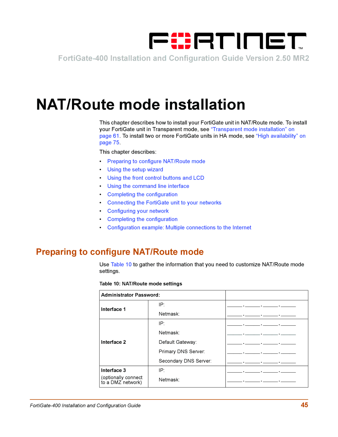 Fortinet 400 manual NAT/Route mode installation, Preparing to configure NAT/Route mode 