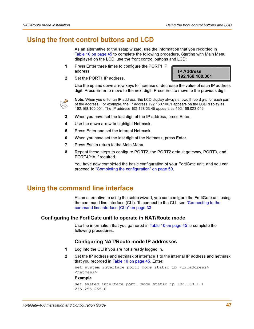 Fortinet 400 manual Using the front control buttons and LCD, Using the command line interface, Example 