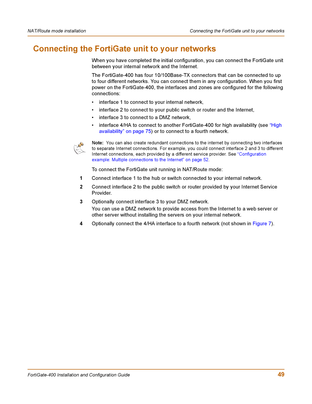 Fortinet 400 manual Connecting the FortiGate unit to your networks 