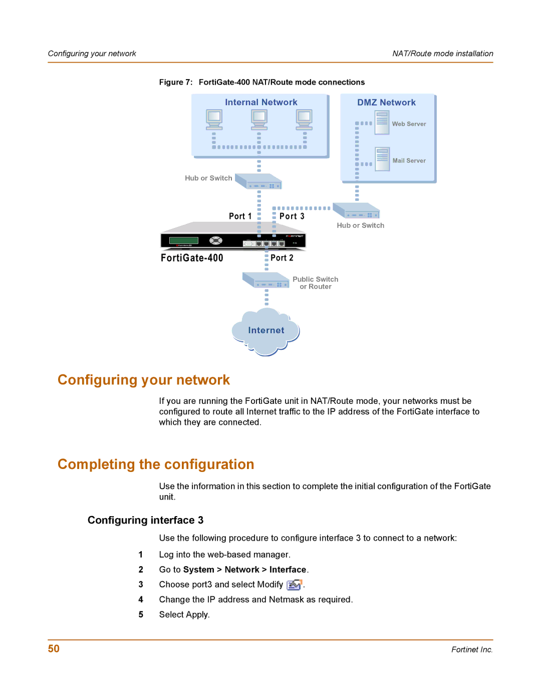 Fortinet 400 Configuring your network, Completing the configuration, Configuring interface, Go to System Network Interface 