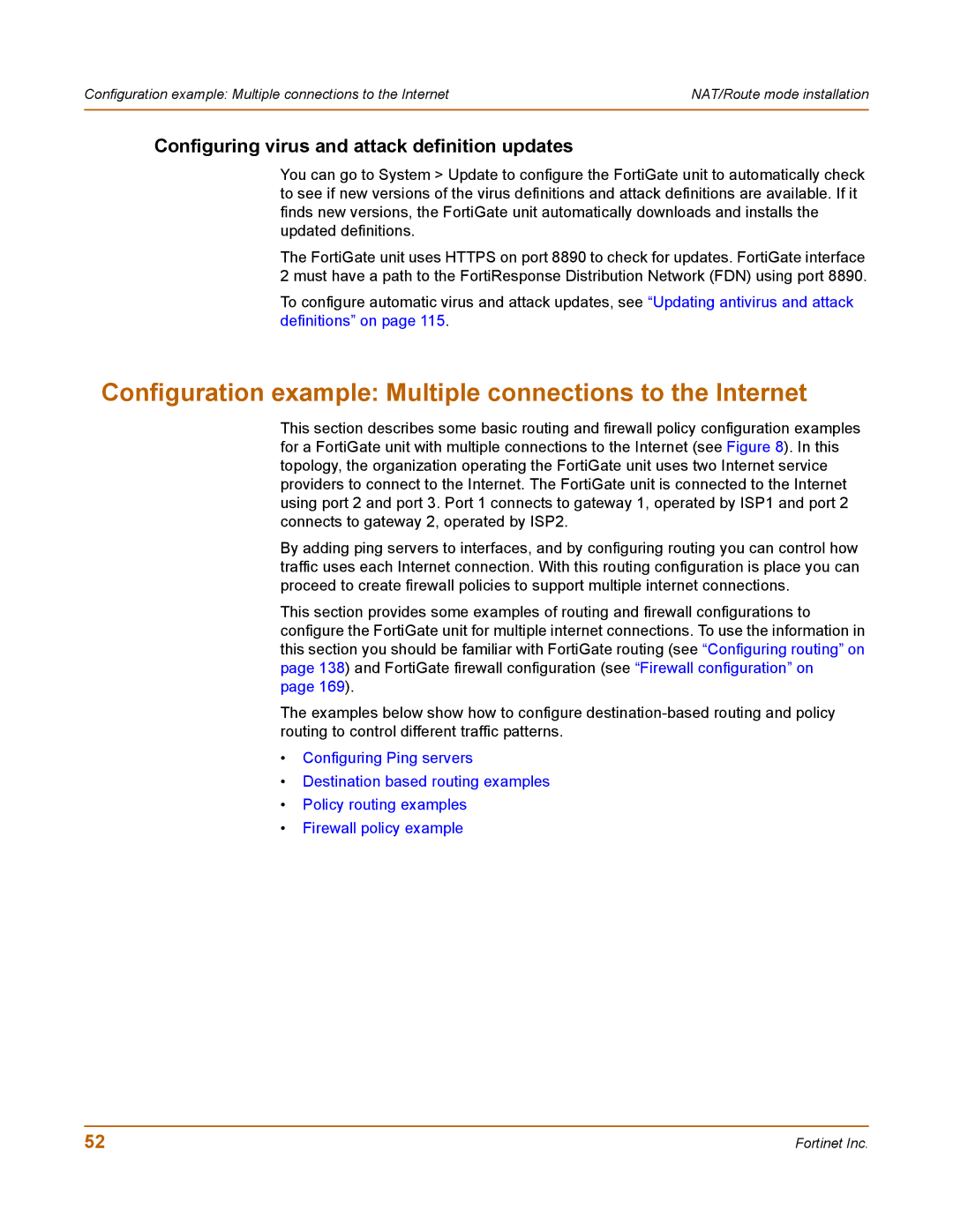 Fortinet 400 Configuration example Multiple connections to the Internet, Configuring virus and attack definition updates 