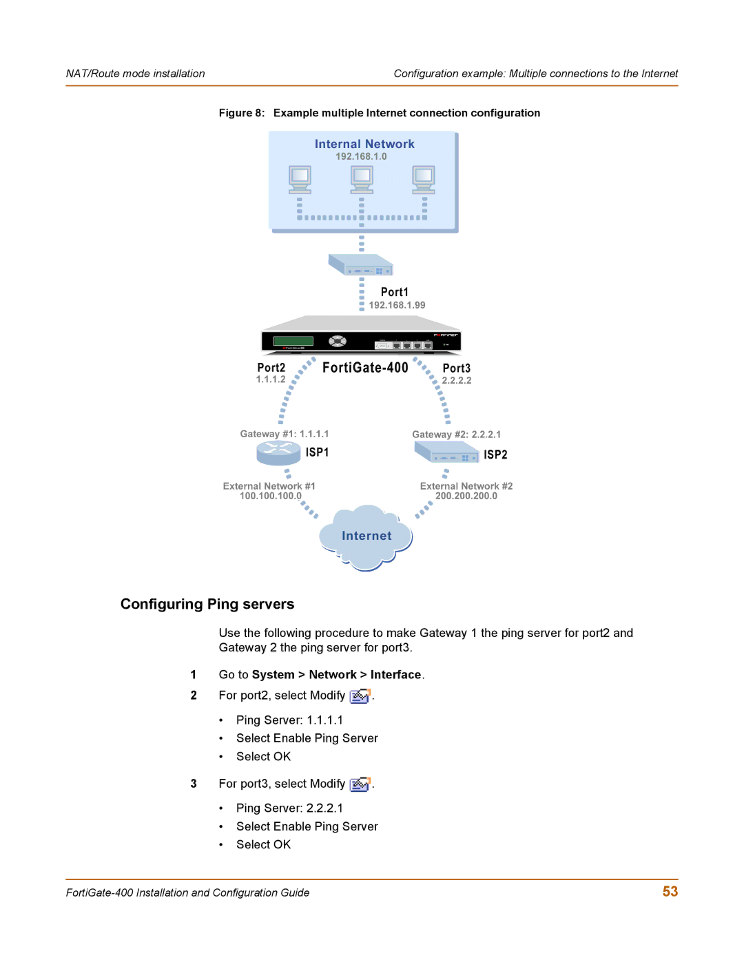 Fortinet 400 manual Configuring Ping servers, Example multiple Internet connection configuration 