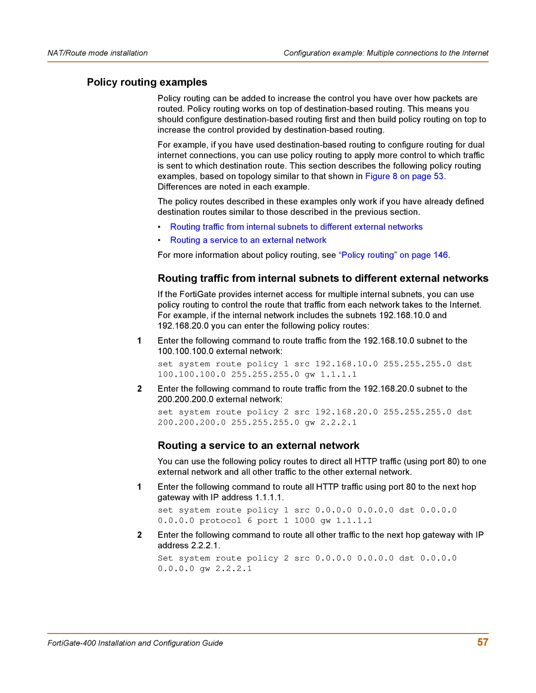 Fortinet 400 manual Policy routing examples, Routing a service to an external network 