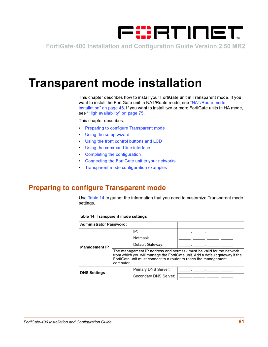 Fortinet 400 manual Transparent mode installation, Preparing to configure Transparent mode, DNS Settings 