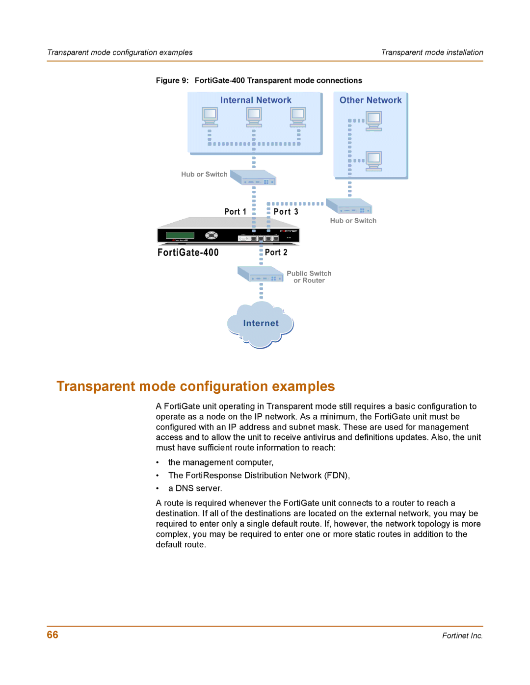 Fortinet manual Transparent mode configuration examples, FortiGate-400 Transparent mode connections 