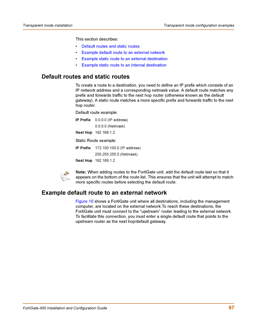 Fortinet 400 manual Default routes and static routes 