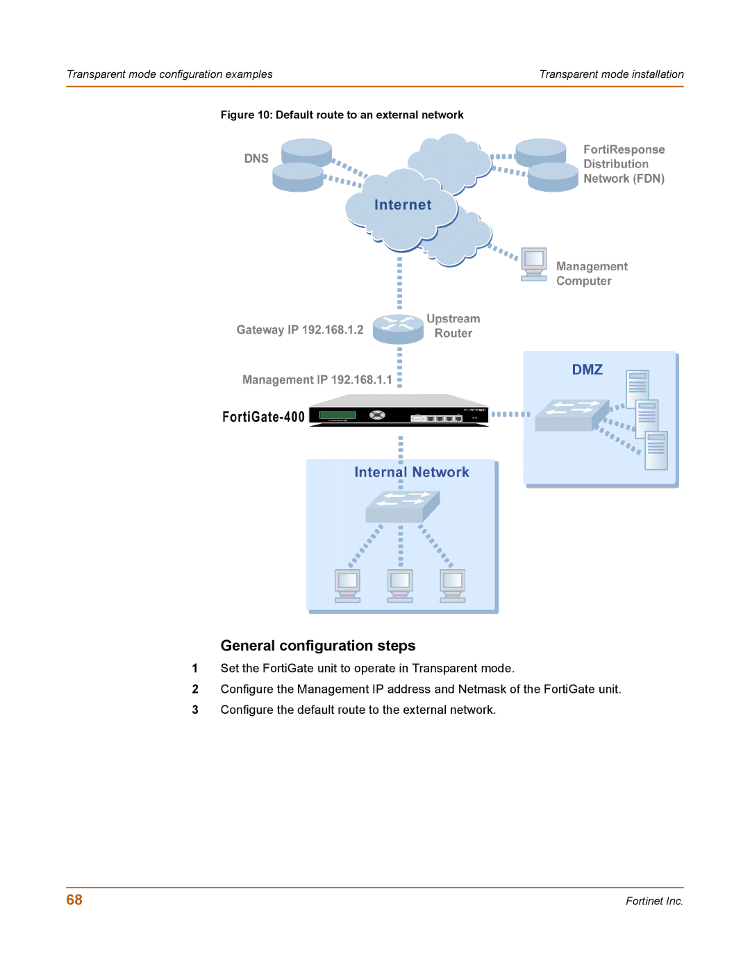 Fortinet 400 manual General configuration steps, Default route to an external network 