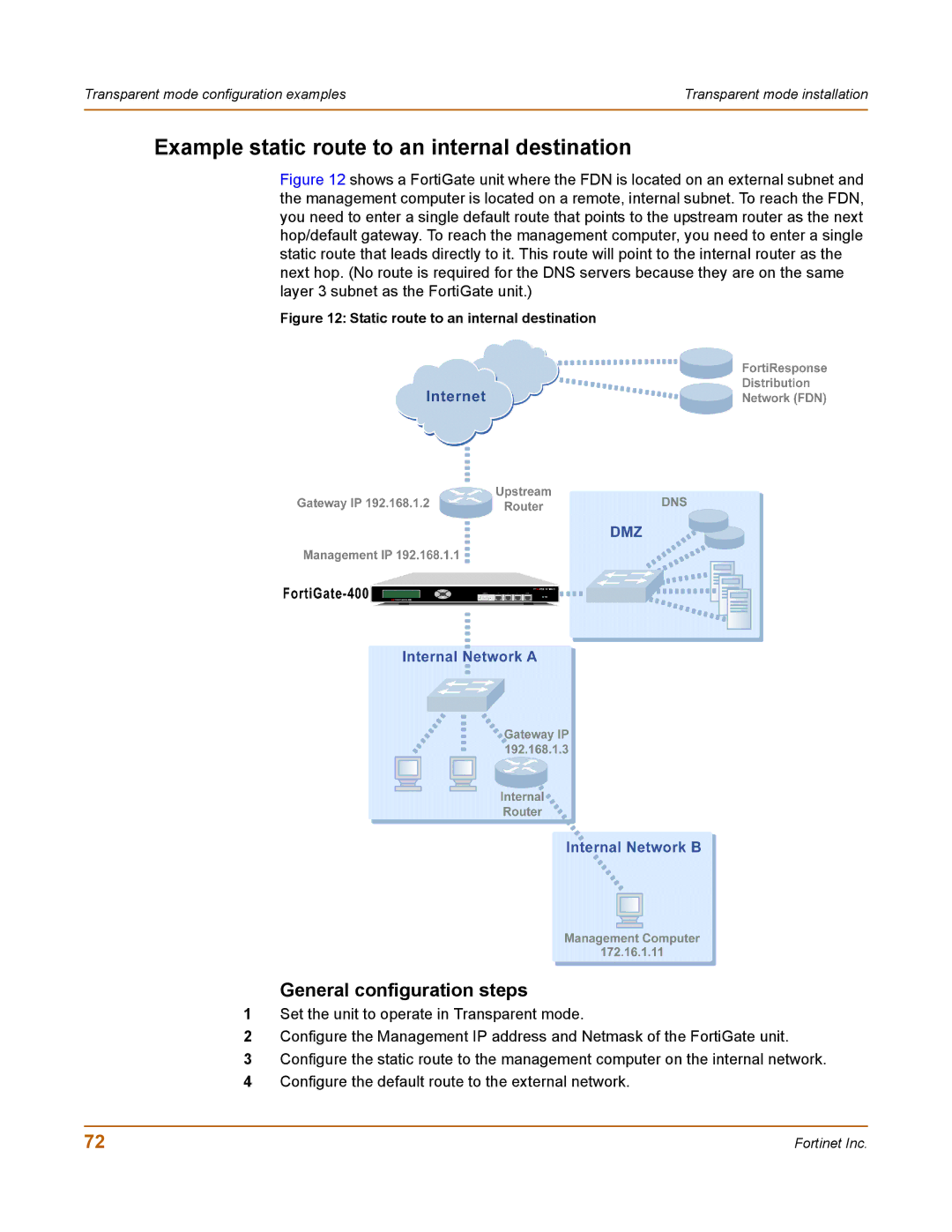 Fortinet 400 manual Example static route to an internal destination 