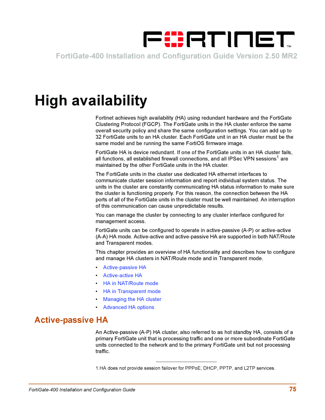 Fortinet 400 manual High availability, Active-passive HA 