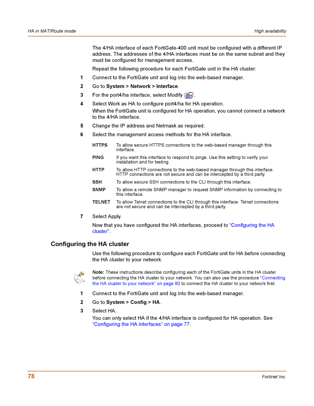 Fortinet 400 manual Configuring the HA cluster, Go to System Config HA 