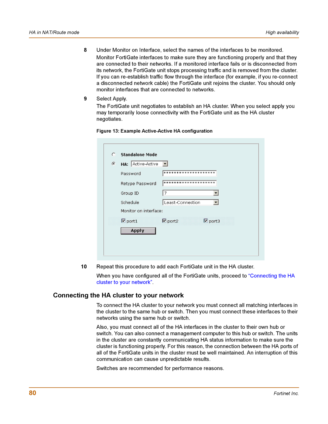 Fortinet 400 manual Connecting the HA cluster to your network, Example Active-Active HA configuration 