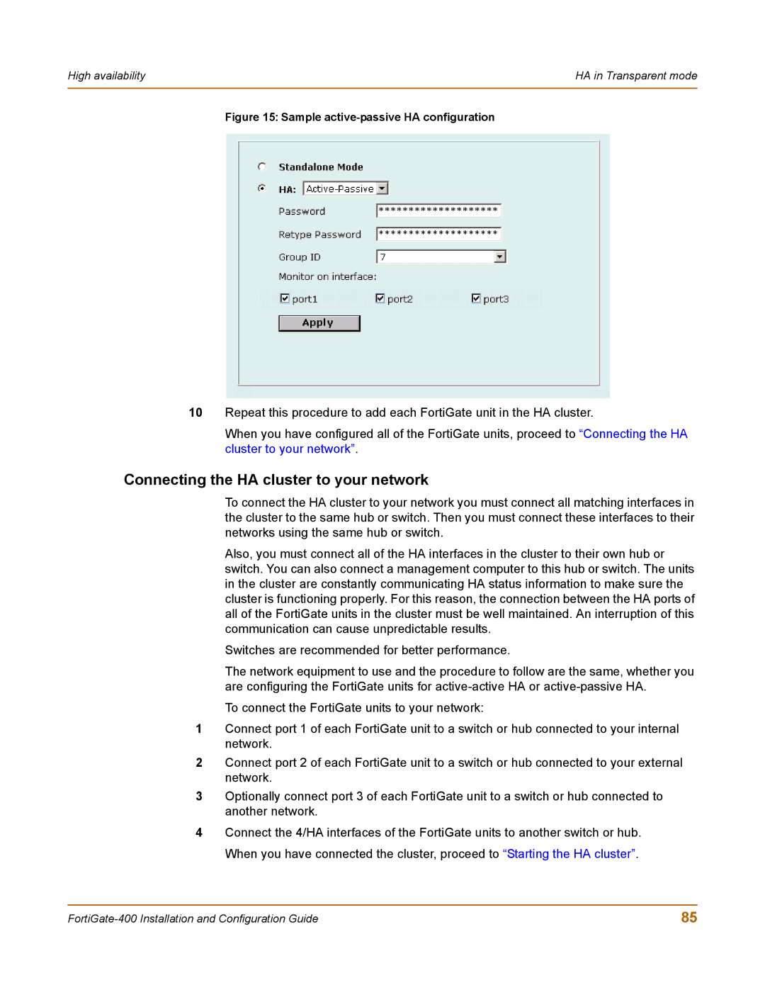 Fortinet 400 manual Sample active-passive HA configuration 