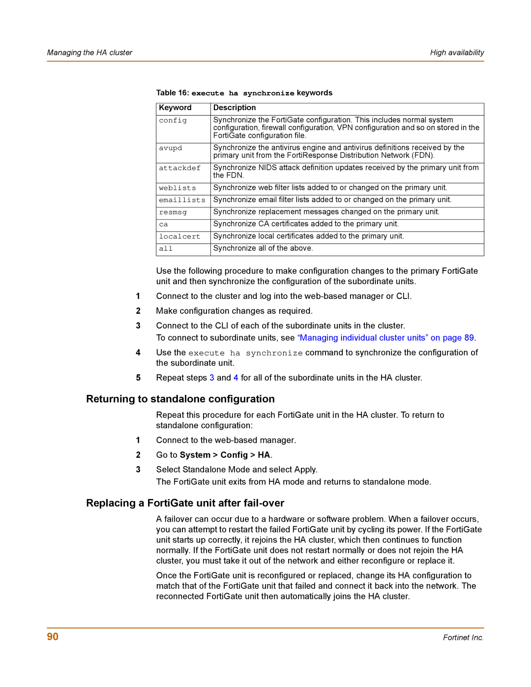 Fortinet 400 manual Returning to standalone configuration, Replacing a FortiGate unit after fail-over 