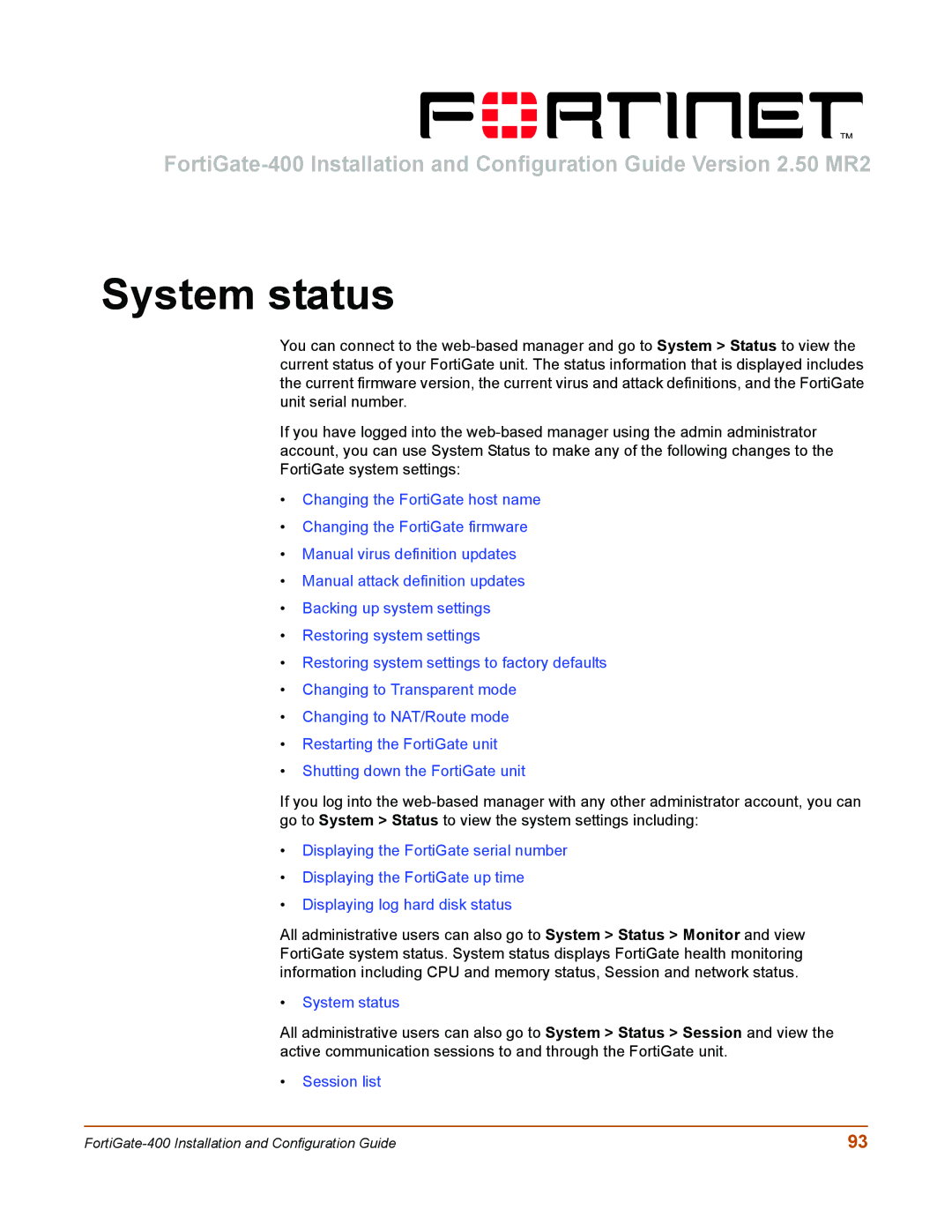 Fortinet 400 manual System status 