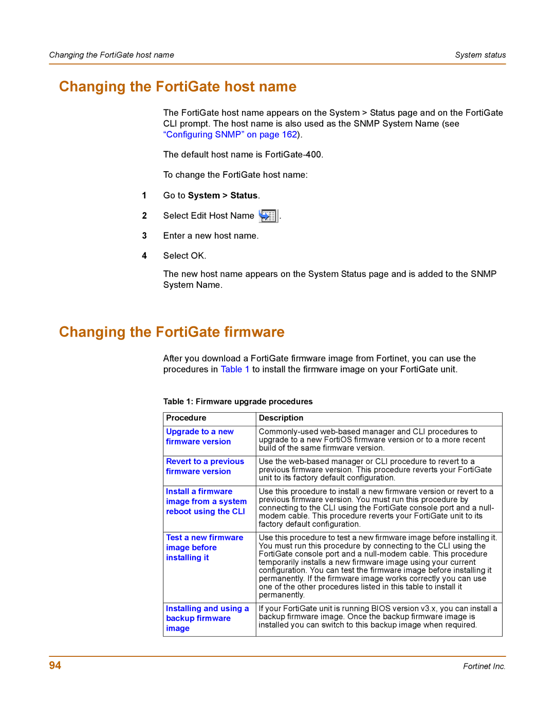 Fortinet 400 manual Changing the FortiGate host name, Changing the FortiGate firmware 