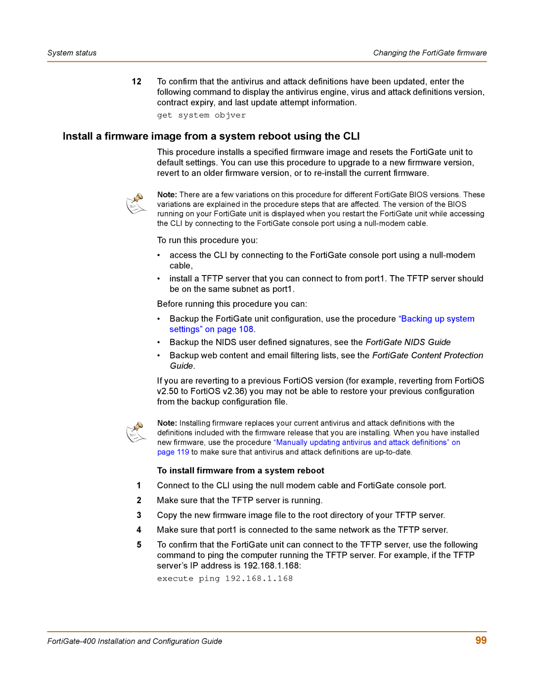 Fortinet 400 manual Install a firmware image from a system reboot using the CLI, To install firmware from a system reboot 