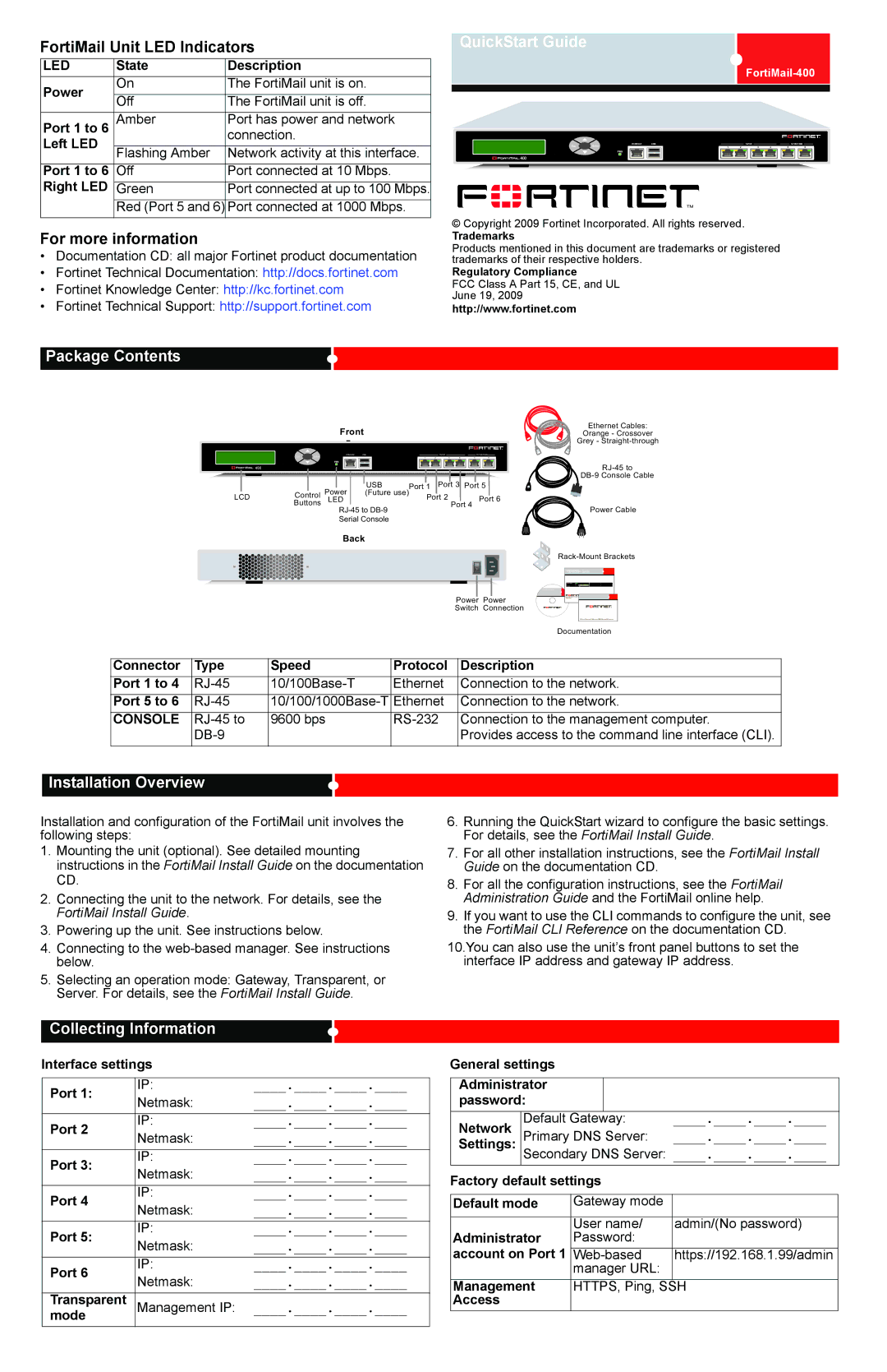 Fortinet 400 quick start QuickStart Guide, Package Contents, Installation Overview, Collecting Information 