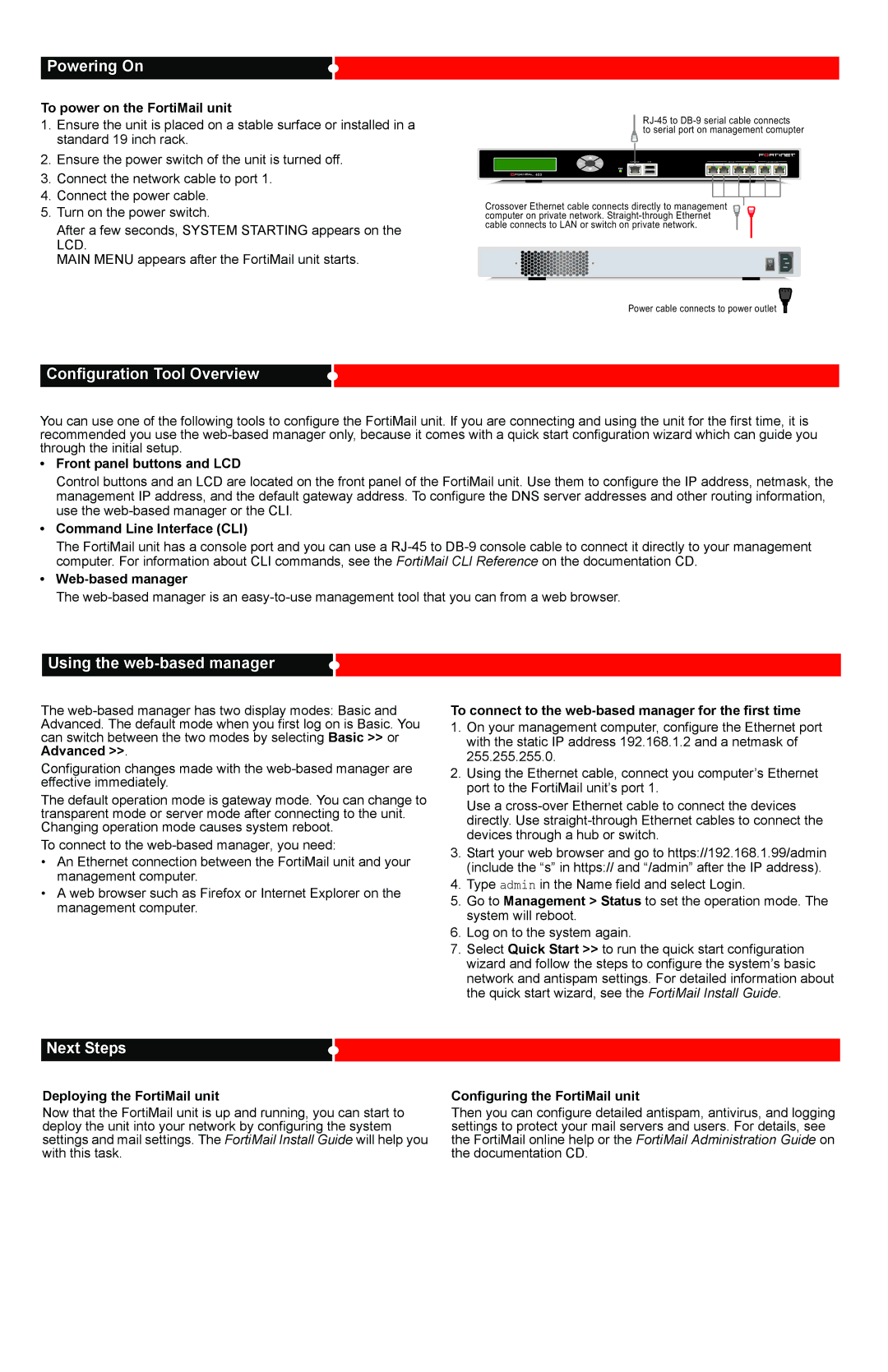 Fortinet 400 quick start Powering On, Configuration Tool Overview, Using the web-based manager, Next Steps 