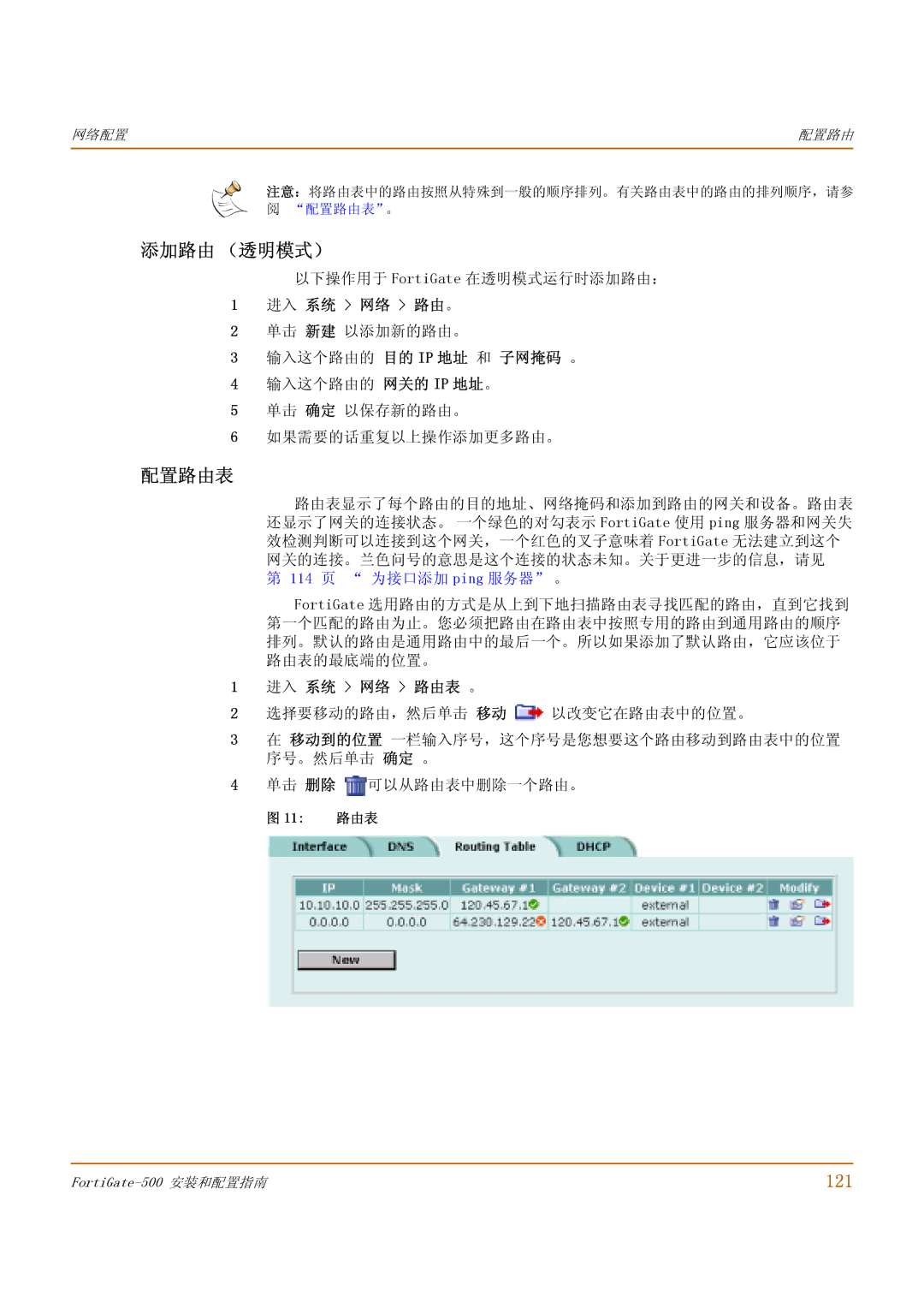 Fortinet 500 manual 添加路由 （透明模式）, 配置路由表, 121, 输入这个路由的 目的 Ip 地址 和 子网掩码 。 输入这个路由的 网关的 Ip 地址。, 进入 系统 网络 路由表 。 