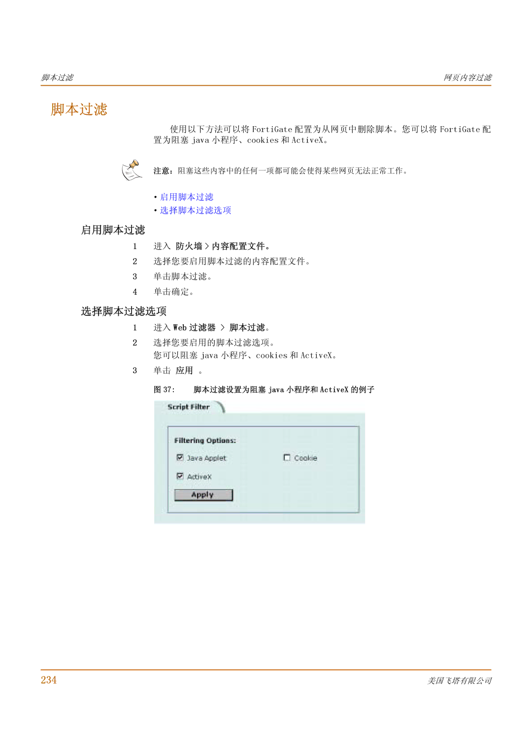 Fortinet 500 manual 选择脚本过滤选项, 234, 进入 Web 过滤器 脚本过滤。 