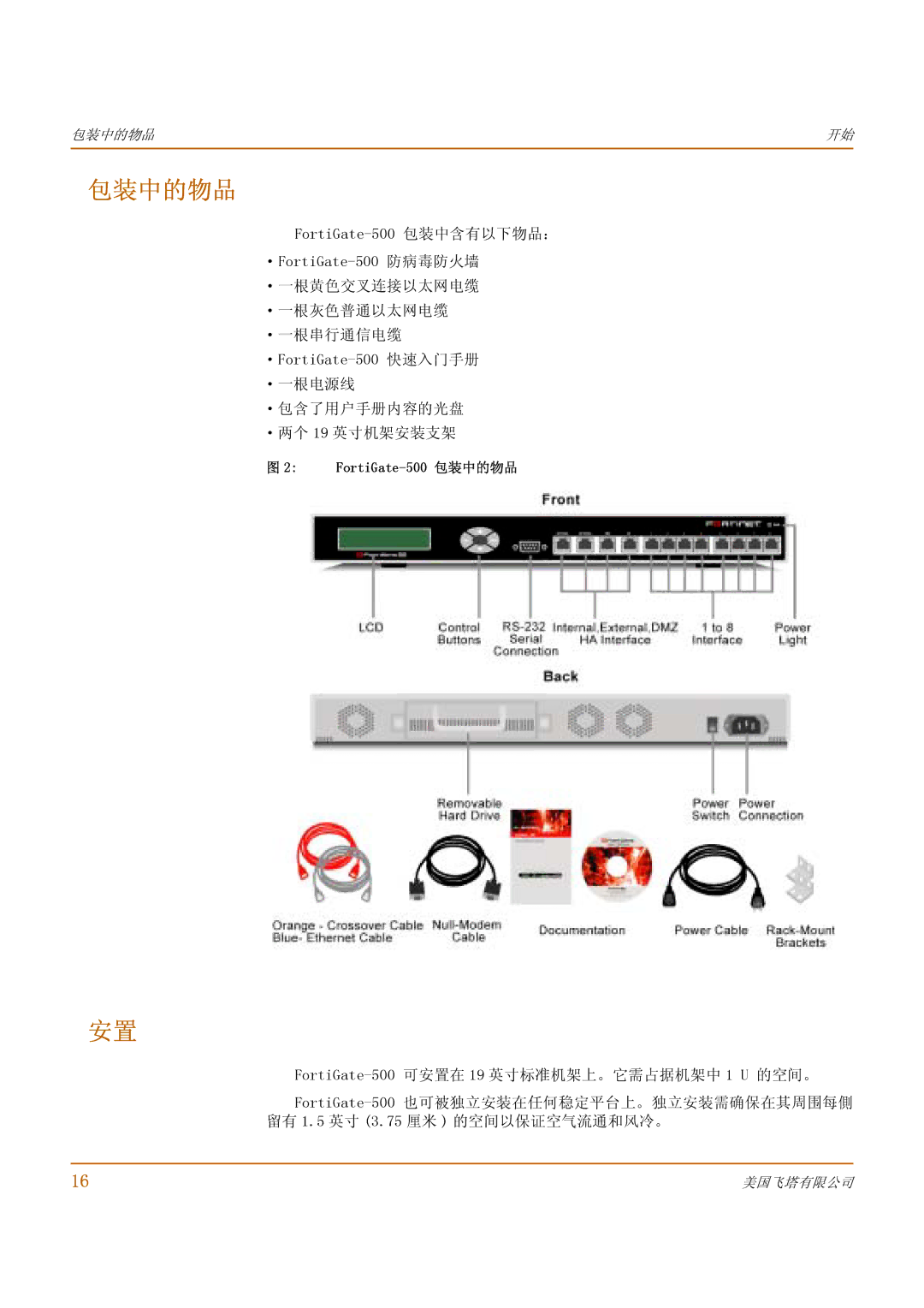 Fortinet manual FortiGate-500 包装中的物品 