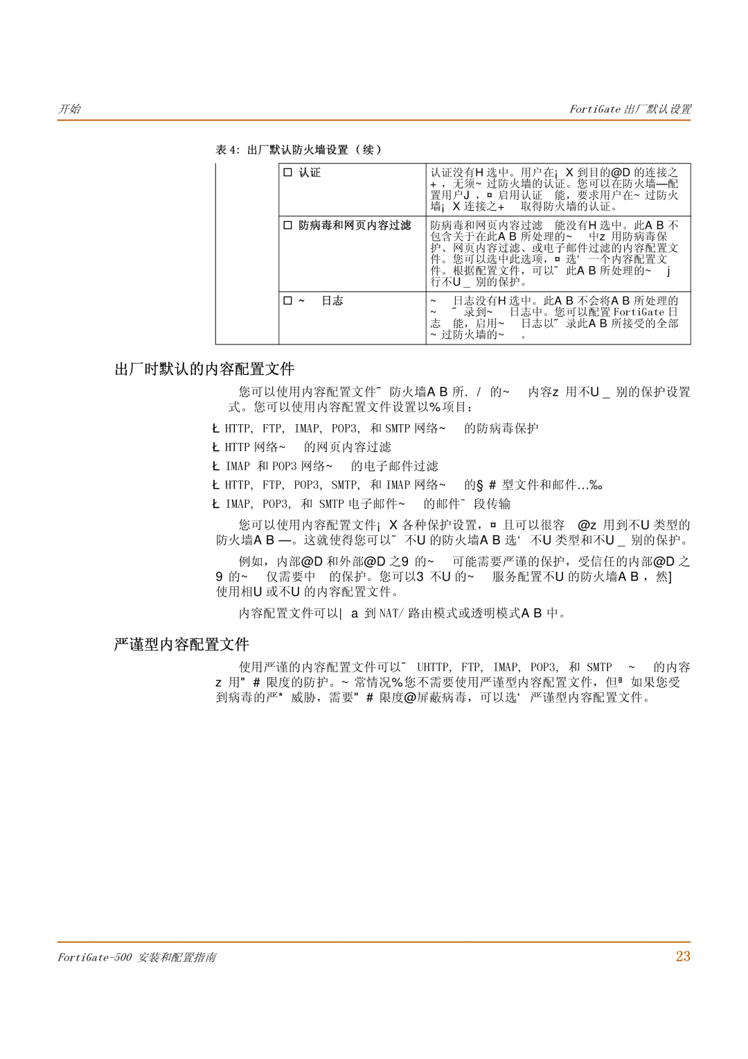 Fortinet 500 manual 出厂时默认的内容配置文件, 严谨型内容配置文件 