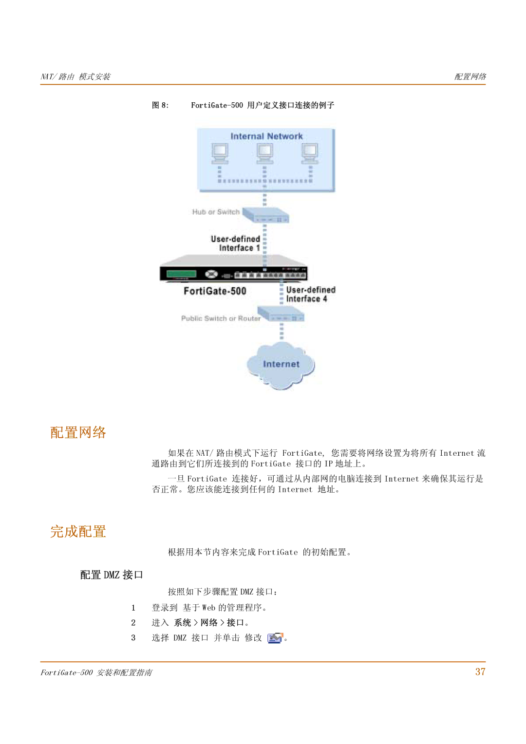 Fortinet 500 manual 配置网络, 完成配置, 配置 Dmz 接口, 进入 系统 网络 接口。 