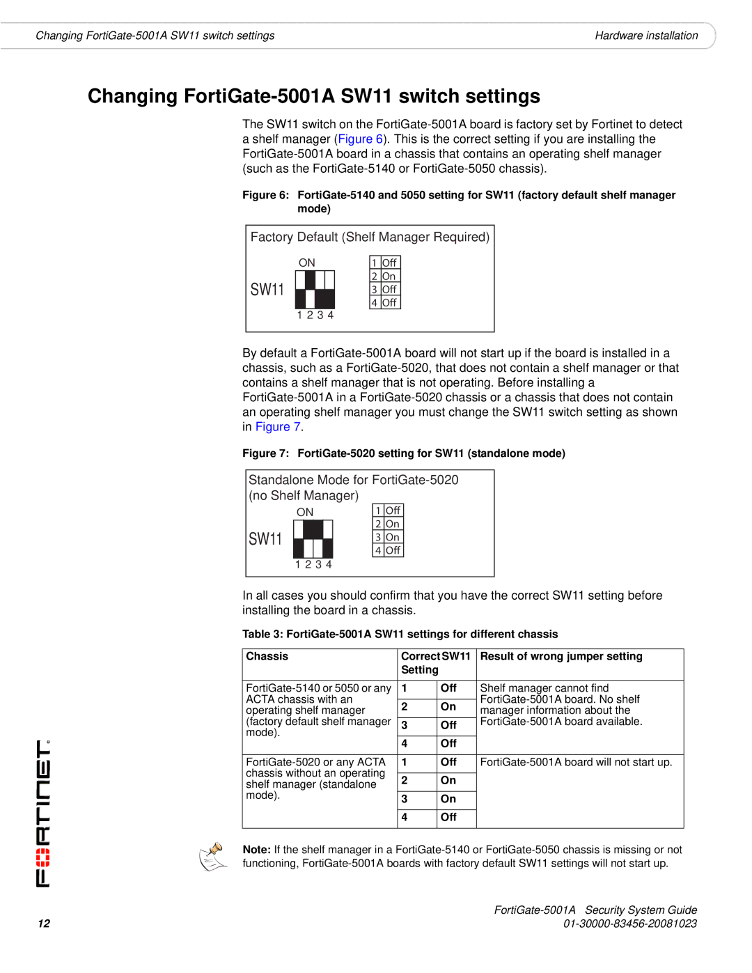 Fortinet 5001A-DW, 5001A-SW manual Changing FortiGate-5001A SW11 switch settings 