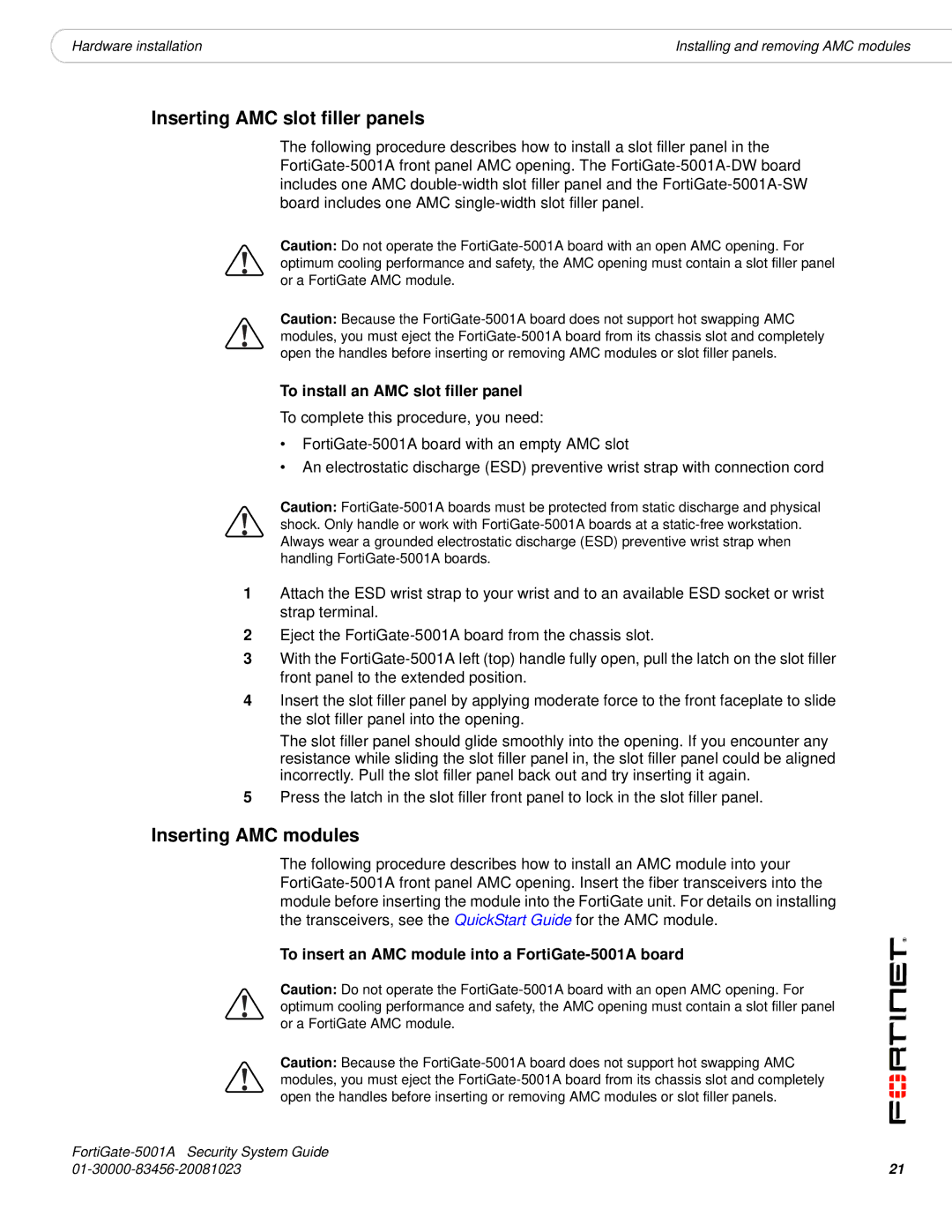 Fortinet 5001A-SW, 5001A-DW Inserting AMC slot filler panels, Inserting AMC modules, To install an AMC slot filler panel 