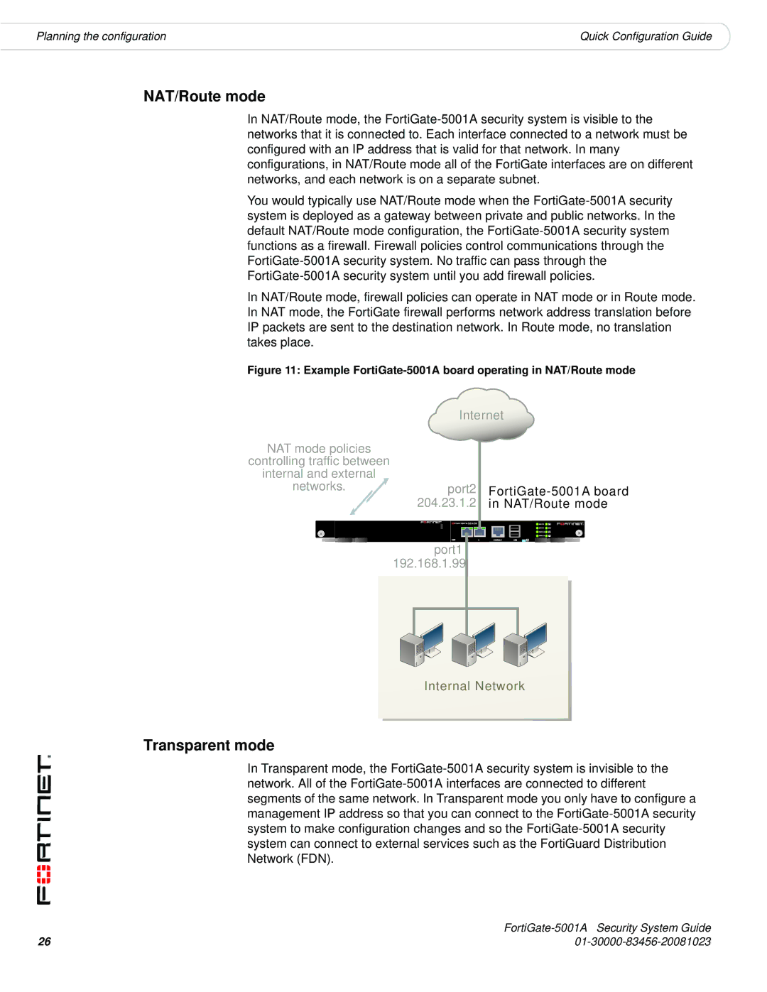 Fortinet 5001A-DW, 5001A-SW manual NAT/Route mode, Transparent mode 