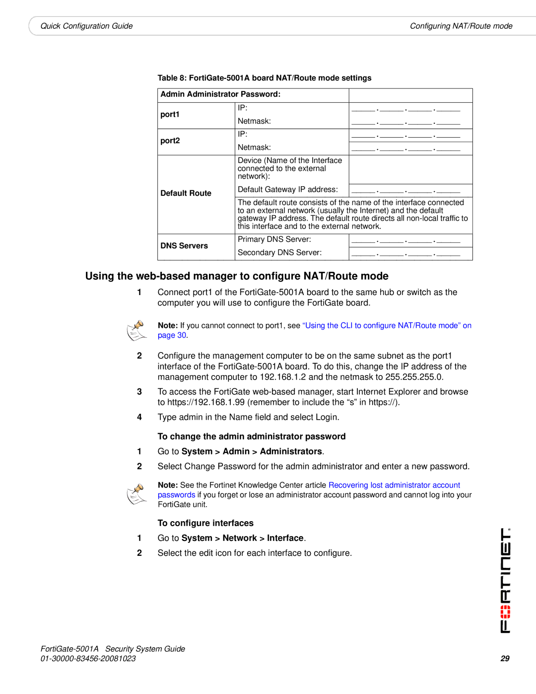 Fortinet 5001A-SW, 5001A-DW manual Using the web-based manager to configure NAT/Route mode 