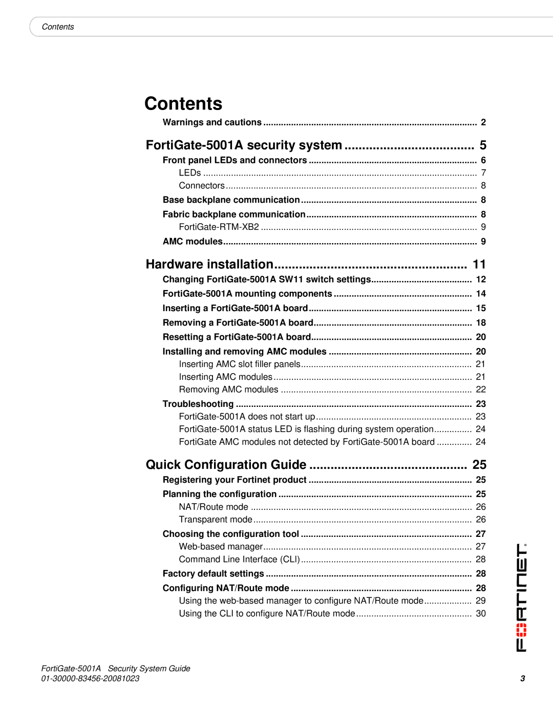 Fortinet 5001A-SW, 5001A-DW manual Contents 