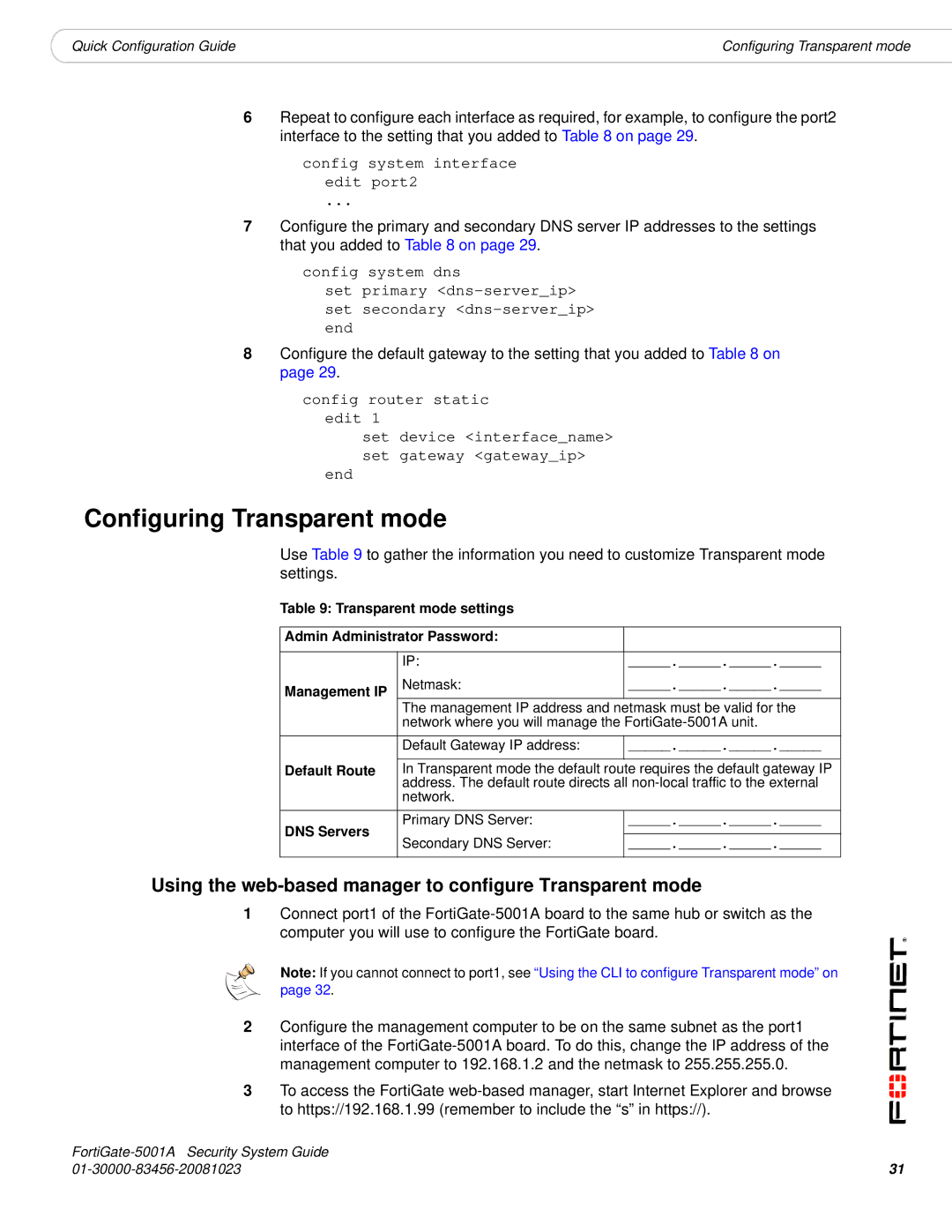 Fortinet 5001A-SW, 5001A-DW manual Configuring Transparent mode, Using the web-based manager to configure Transparent mode 