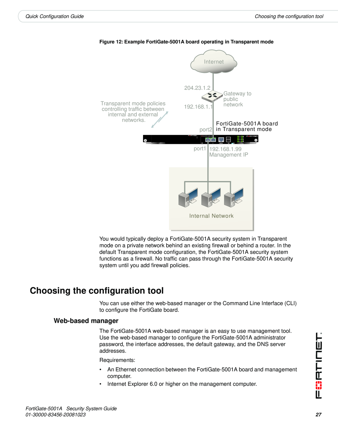 Fortinet 5001A-SW, 5001A-DW manual Choosing the configuration tool, Web-based manager, Internal Network 