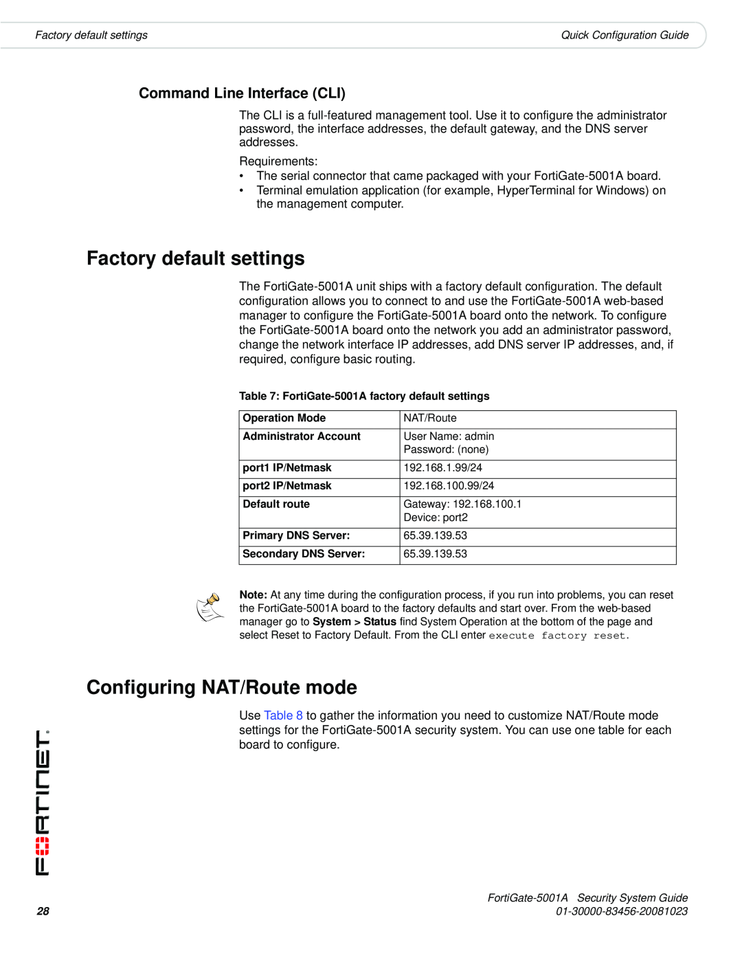 Fortinet 5001A-DW, 5001A-SW manual Factory default settings, Configuring NAT/Route mode, Command Line Interface CLI 