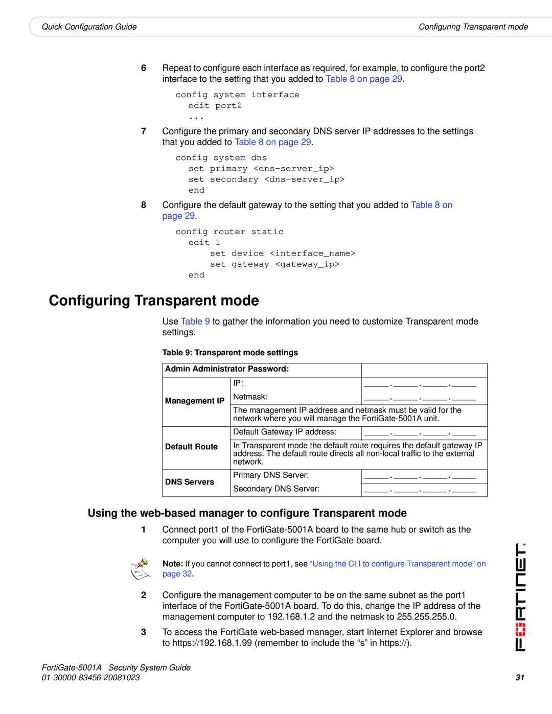 Fortinet 5001A-SW, 5001A-DW manual Configuring Transparent mode, Using the web-based manager to configure Transparent mode 