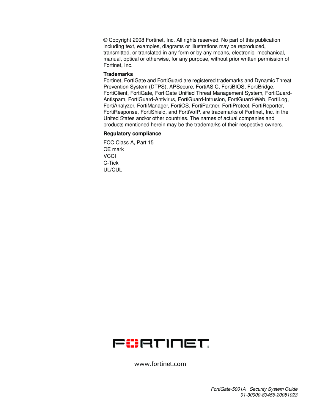 Fortinet 5001A-DW, 5001A-SW manual Trademarks, Regulatory compliance 