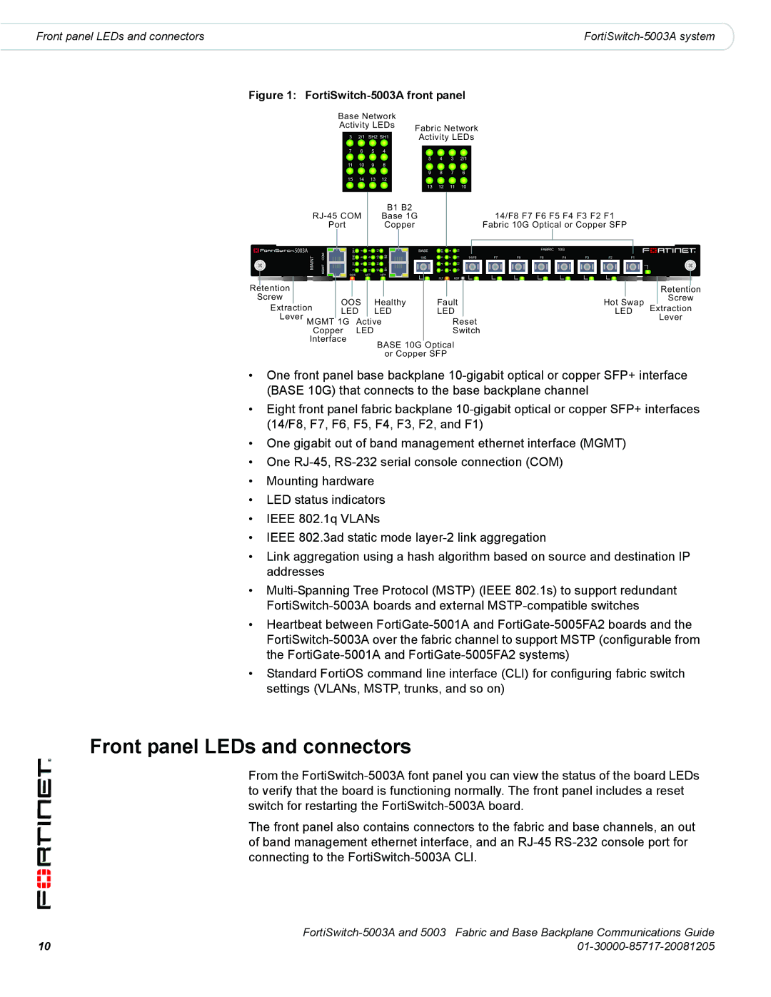 Fortinet 5003A manual Front panel LEDs and connectors 