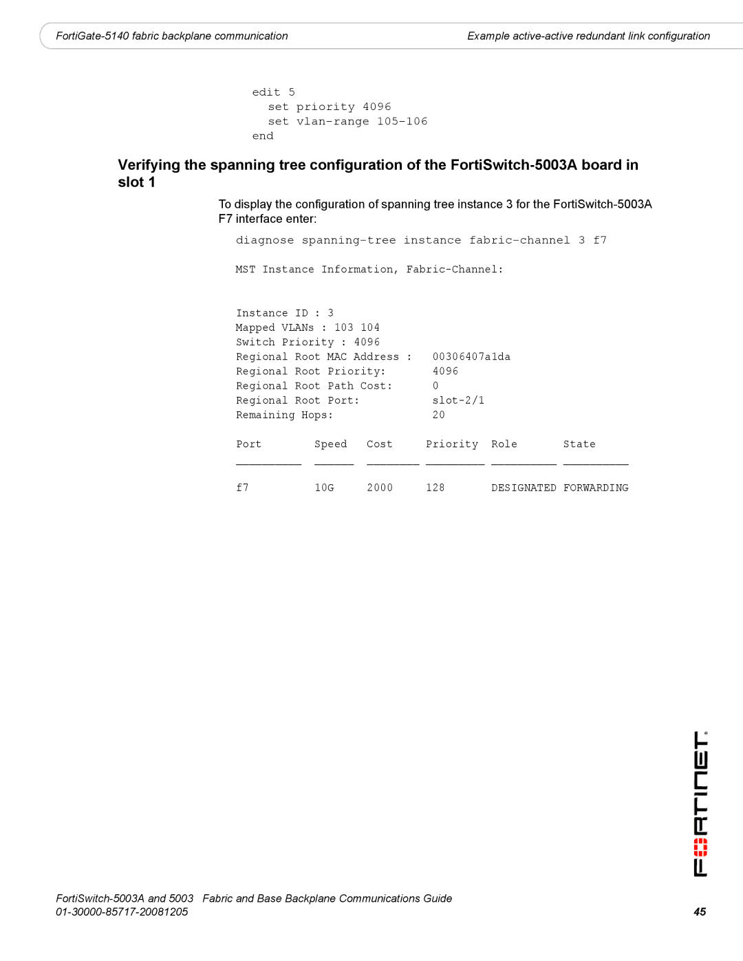 Fortinet 5003A manual Edit Set priority Set vlan-range 105-106 end 