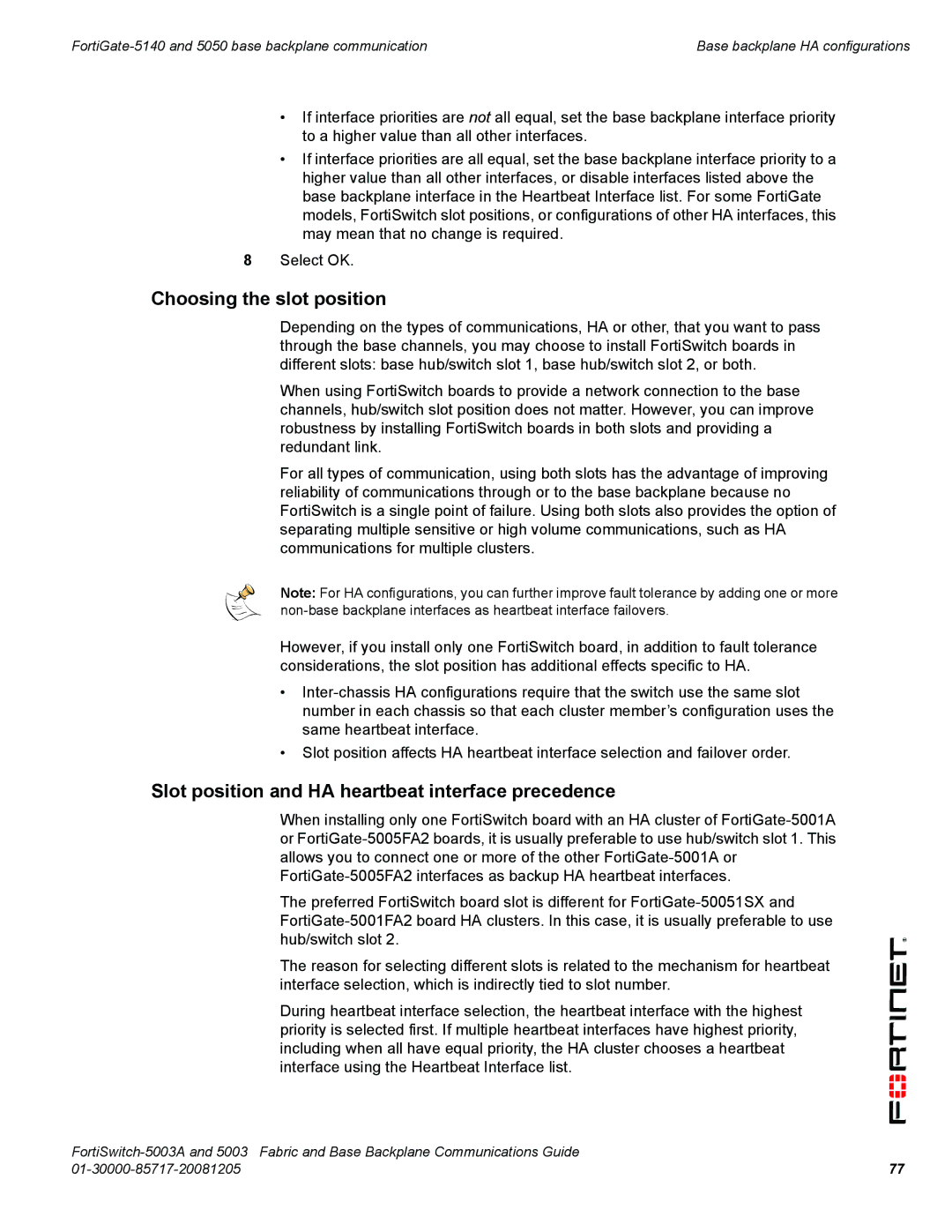 Fortinet 5003A manual Choosing the slot position, Slot position and HA heartbeat interface precedence 