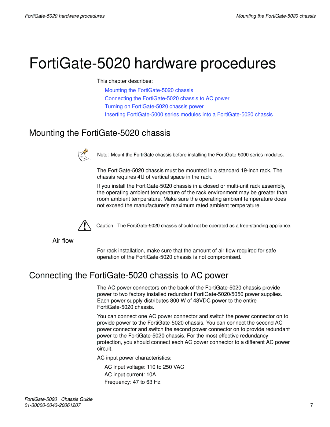 Fortinet manual FortiGate-5020 hardware procedures, Mounting the FortiGate-5020 chassis, Air flow 