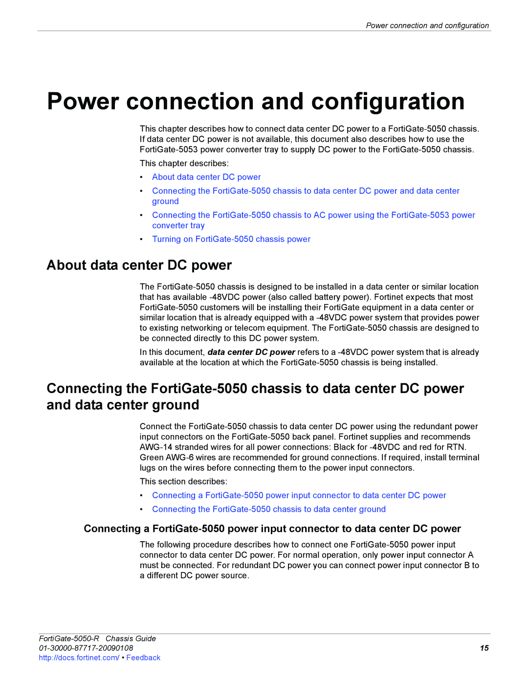 Fortinet 5050-R manual Power connection and configuration, About data center DC power 