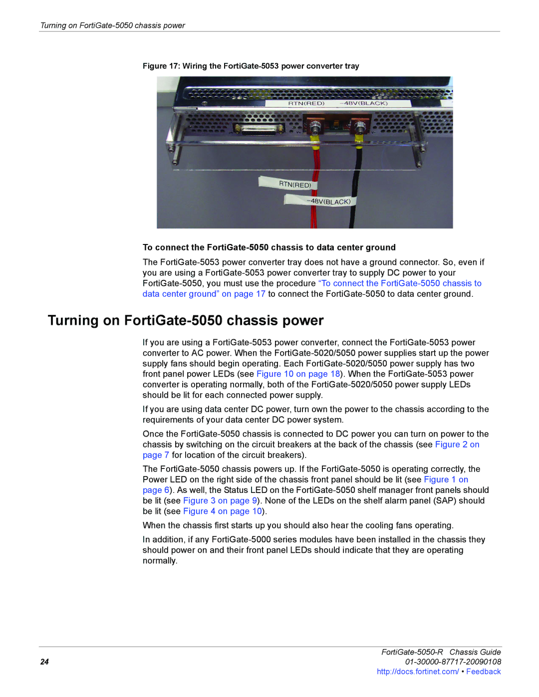 Fortinet 5050-R manual Turning on FortiGate-5050 chassis power, Wiring the FortiGate-5053 power converter tray 