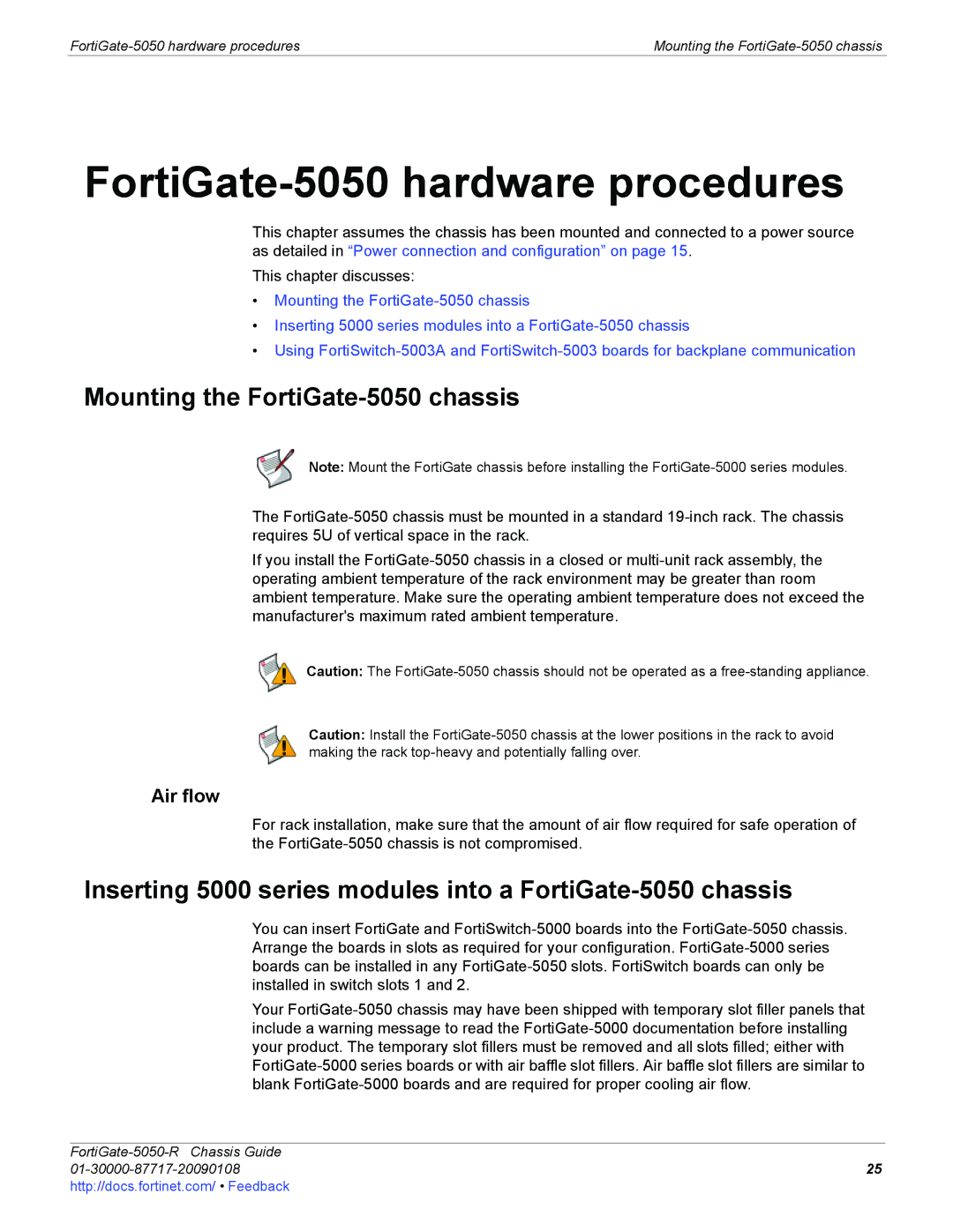 Fortinet 5050-R Mounting the FortiGate-5050 chassis, Inserting 5000 series modules into a FortiGate-5050 chassis, Air flow 