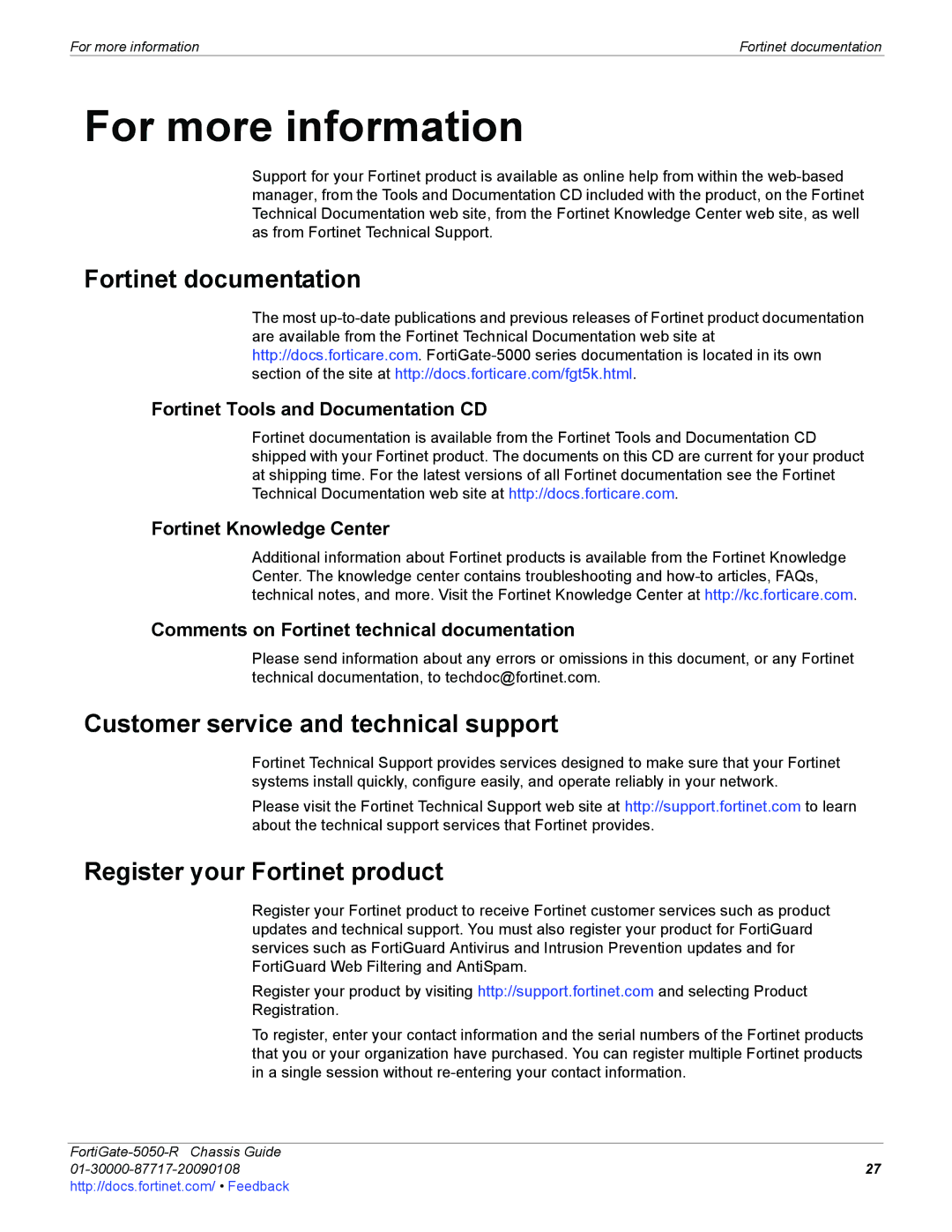 Fortinet 5050-R manual Fortinet documentation, Customer service and technical support, Register your Fortinet product 