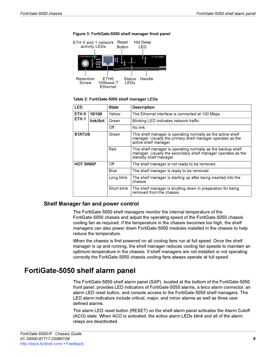 Fortinet 5050-R manual FortiGate-5050 shelf alarm panel, Shelf Manager fan and power control 