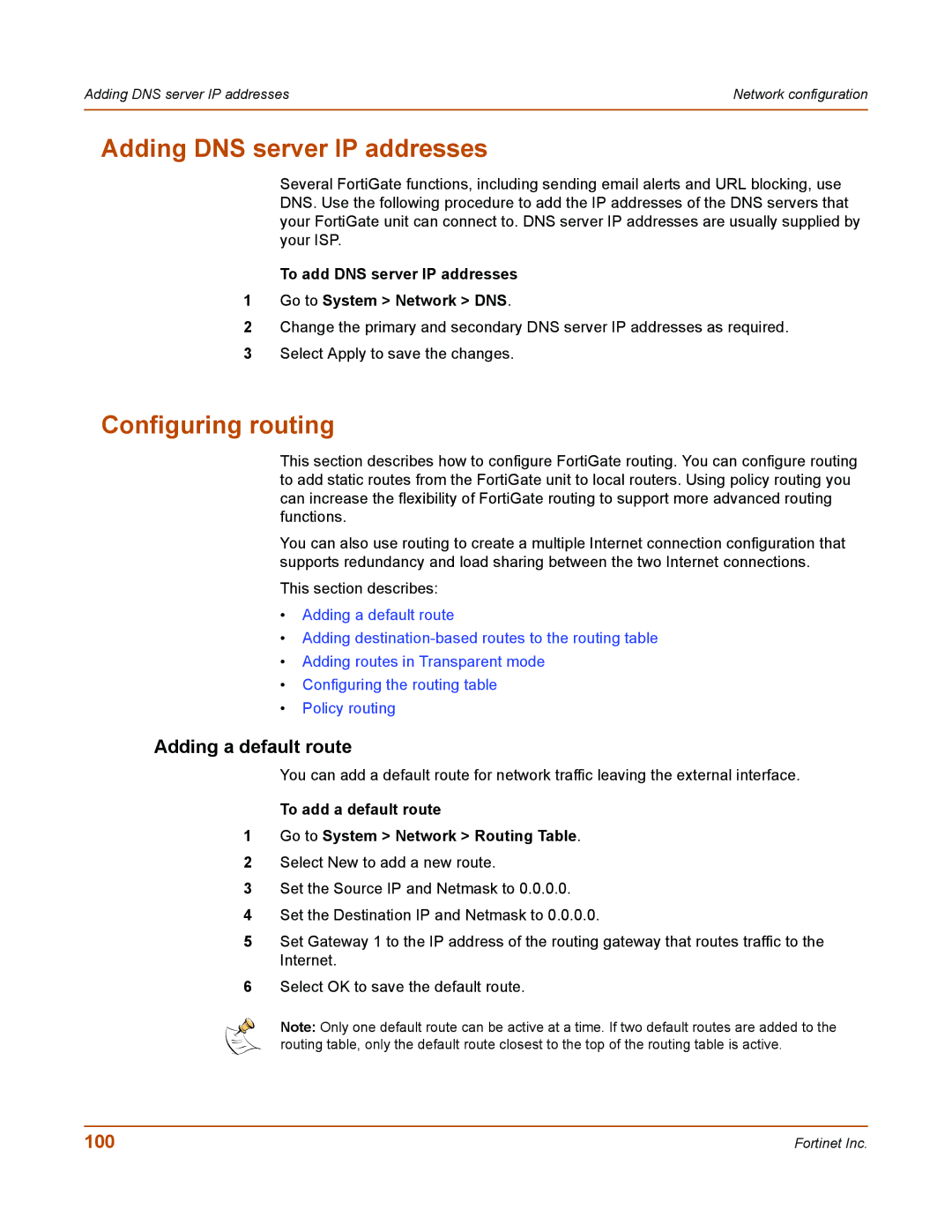 Fortinet 50A user manual Adding DNS server IP addresses, Configuring routing, Adding a default route, 100 