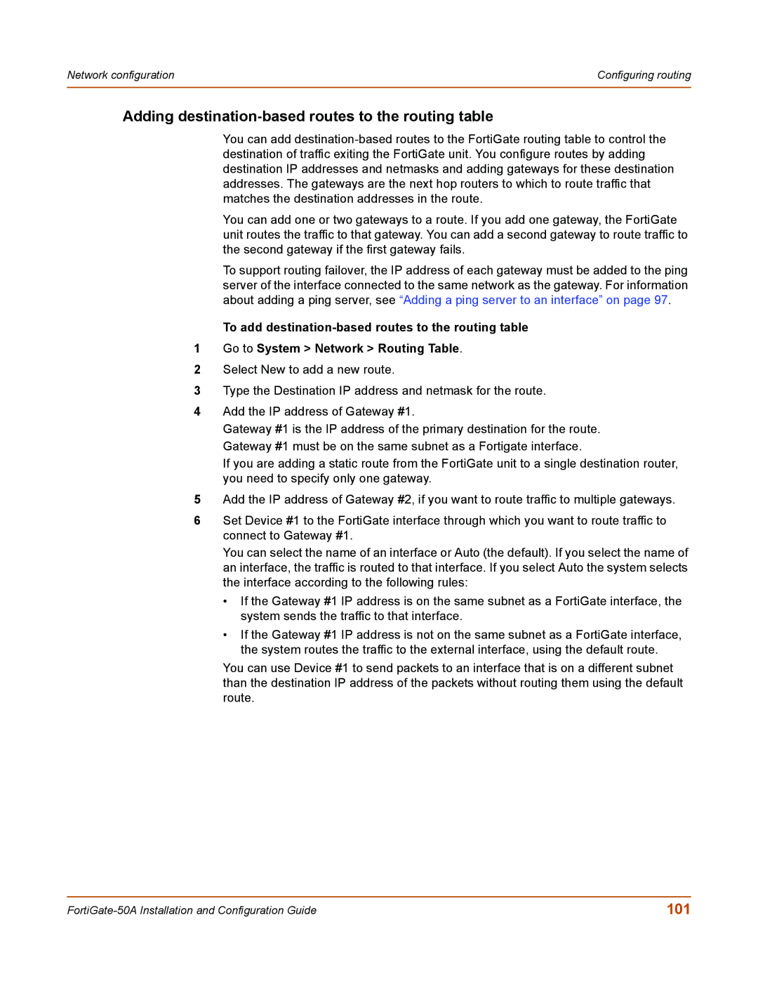 Fortinet 50A user manual Adding destination-based routes to the routing table, 101 