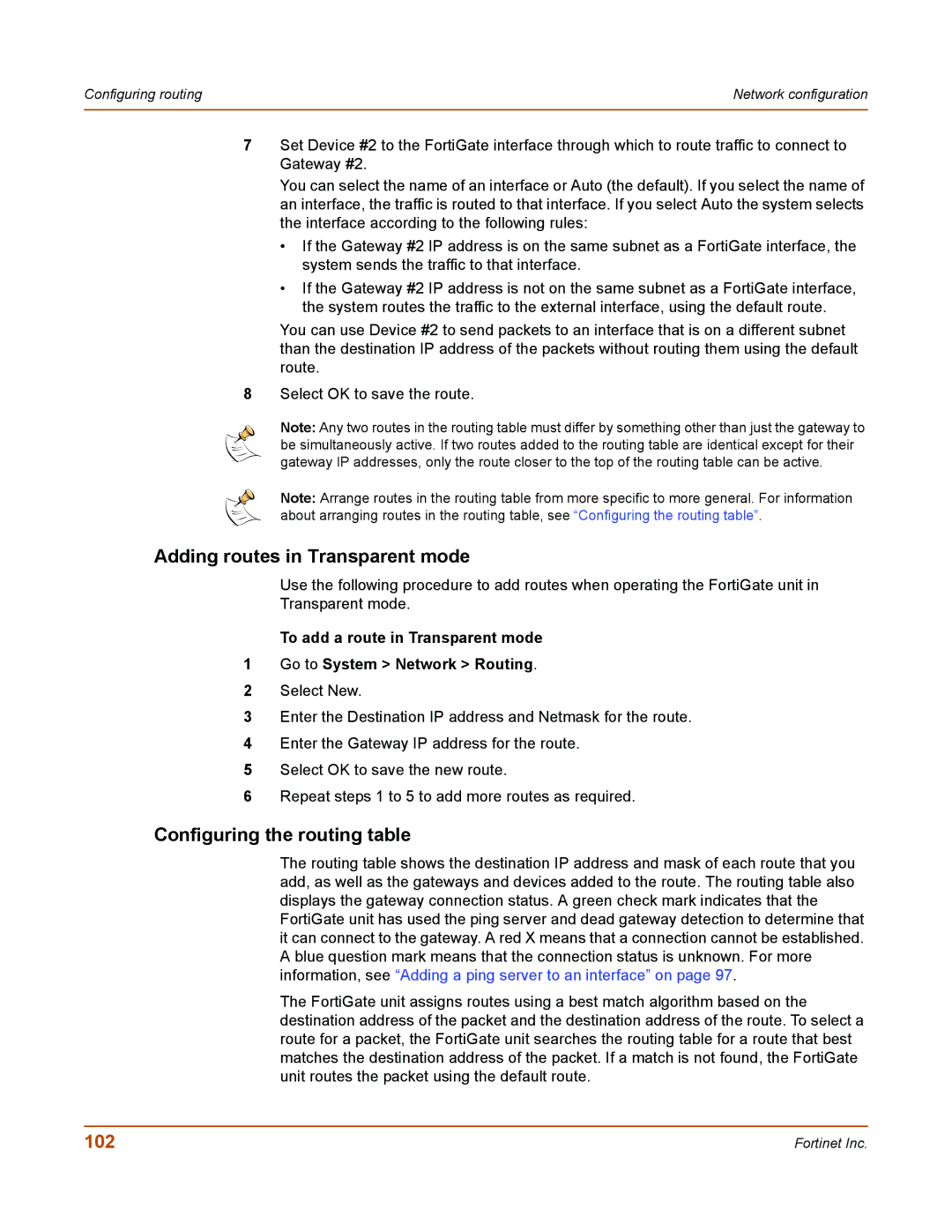 Fortinet 50A user manual Adding routes in Transparent mode, Configuring the routing table, 102 