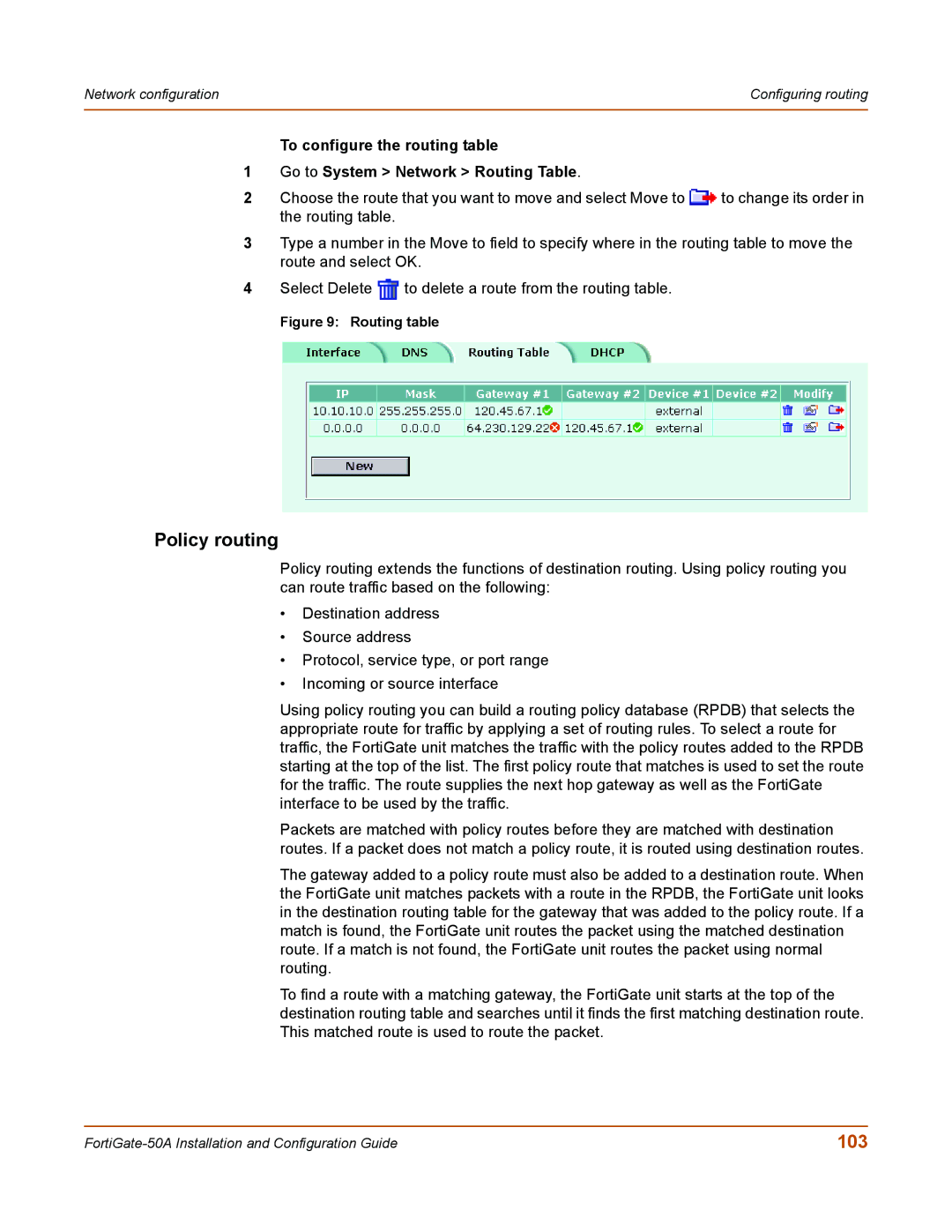 Fortinet 50A user manual Policy routing, 103 